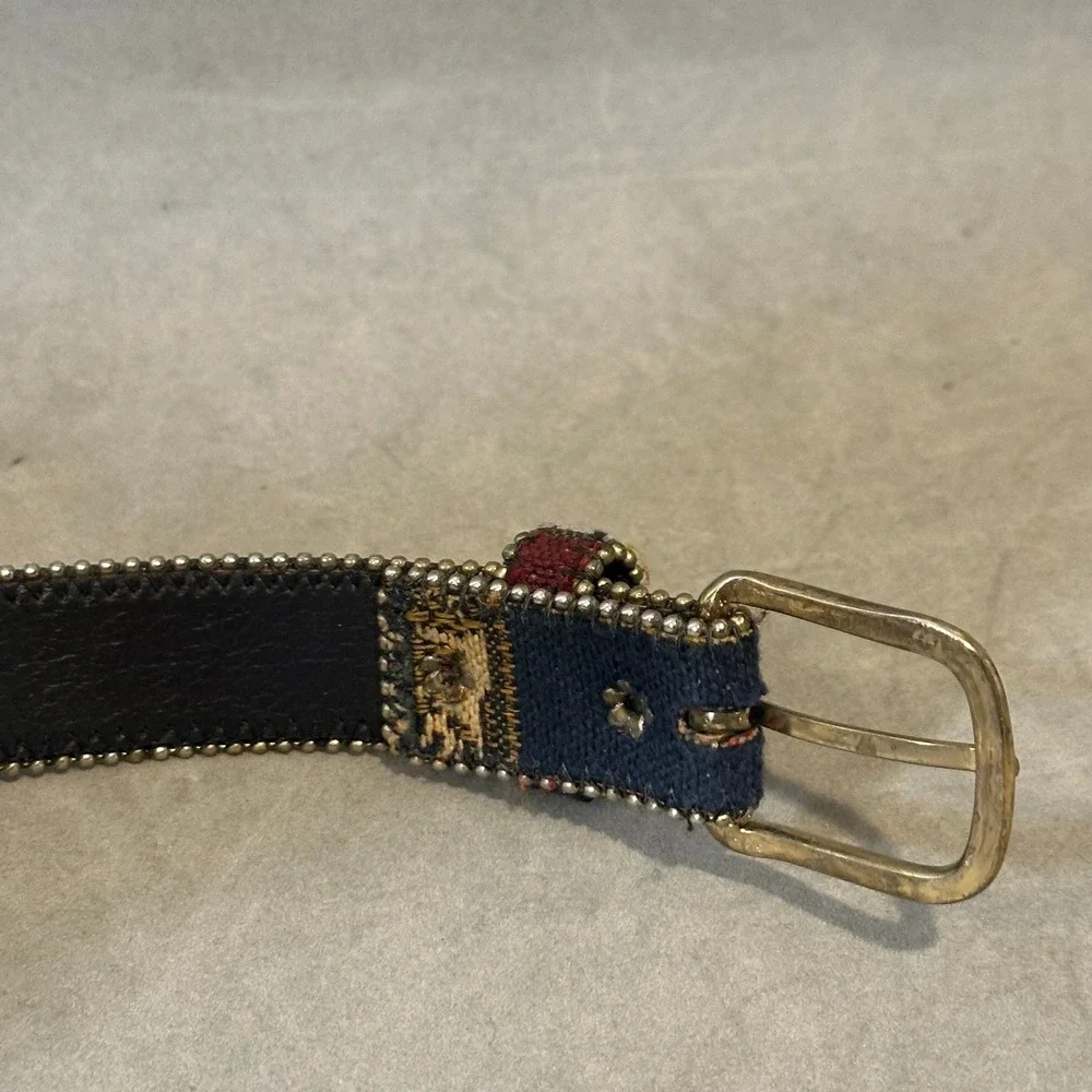 Vintage Tapestry Woven Belt Ball Chain Trim Burgundy Navy Gold Buckle USA‎ ML